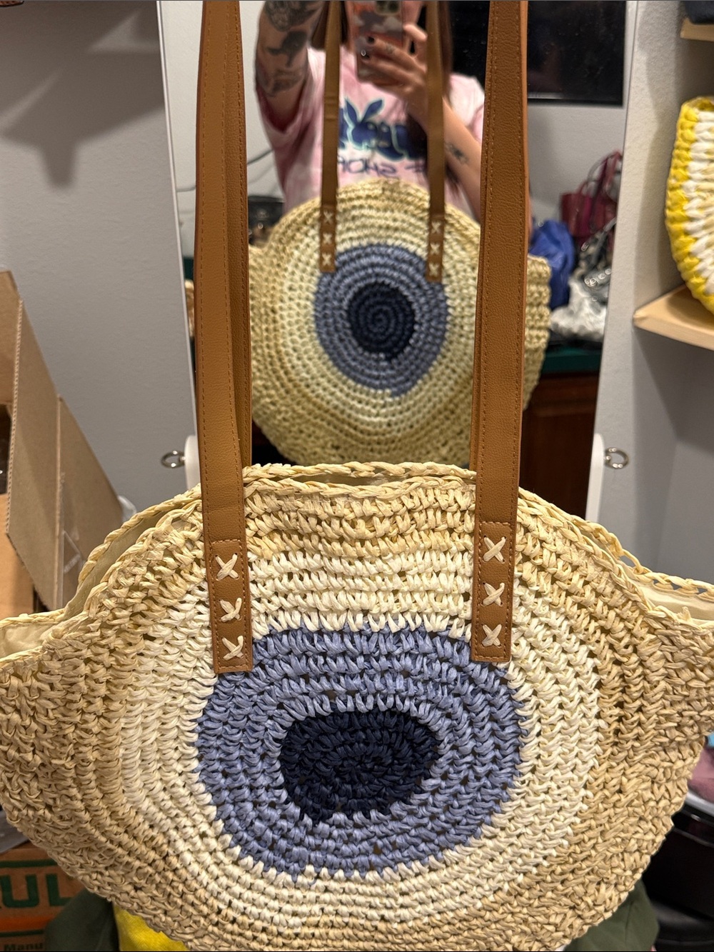 🧿 Evil Eye Round Straw Tote with Blue Center and Tan Straps - Picture 3 of 8